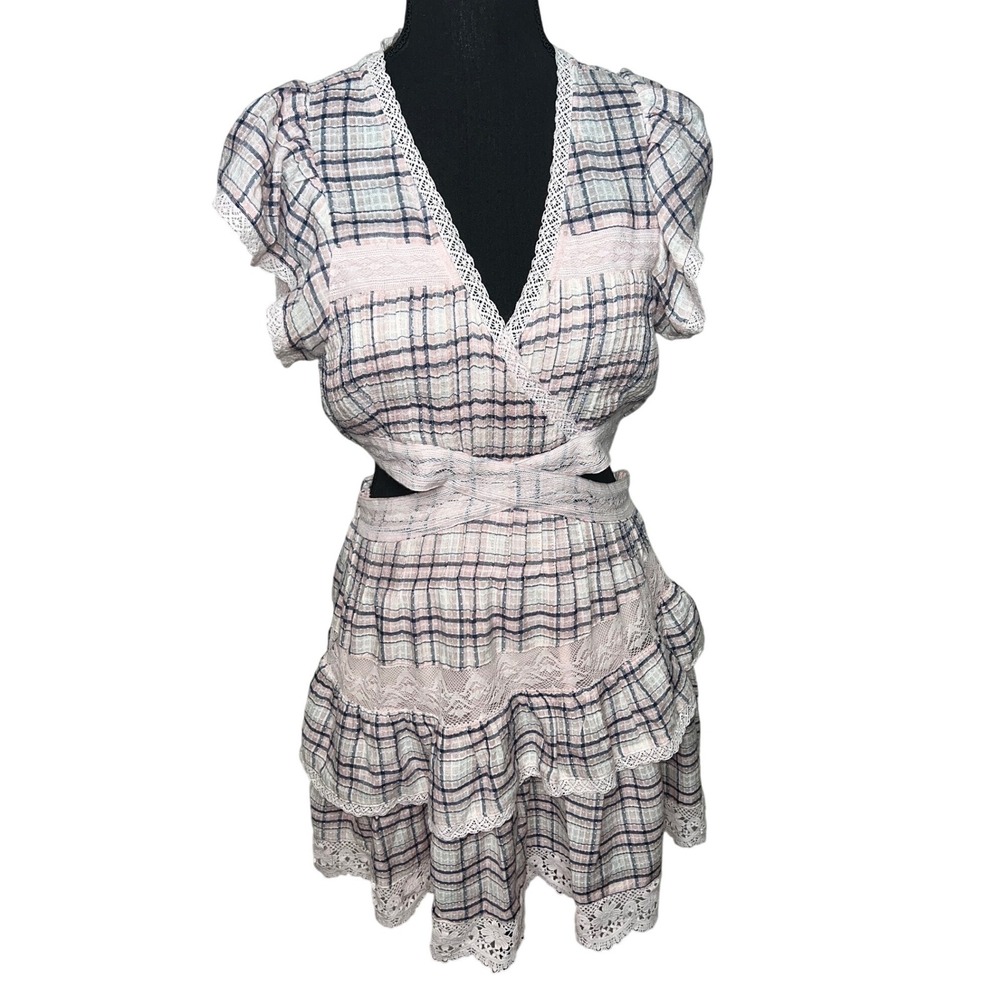 Reset, Women's Pink Blue Plaid Lace Trim Cut‎ Out Tiered Ruffle Mini Dress Small